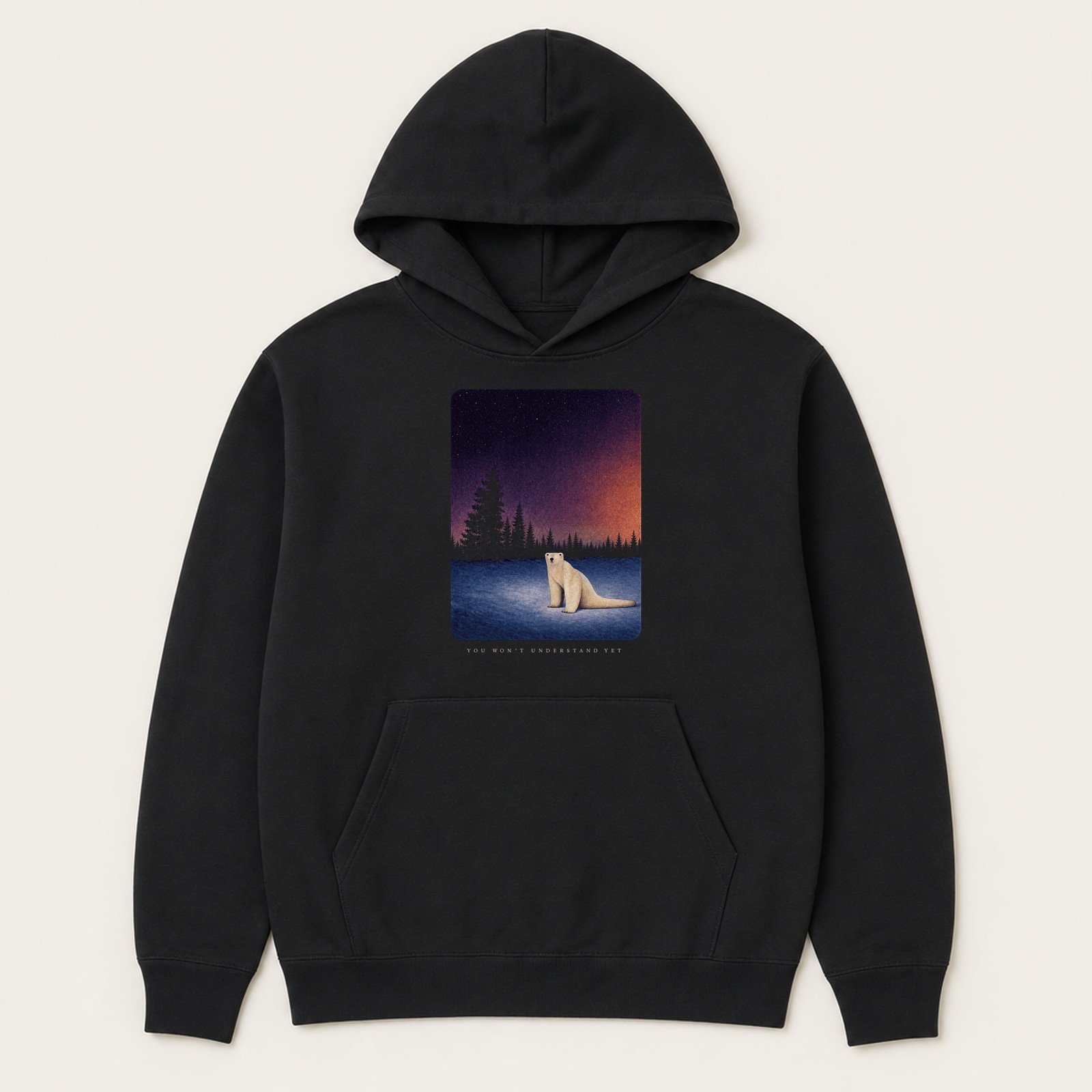 Black pullover hoodie with a polar bear in a night landscape and November 2026 lettering