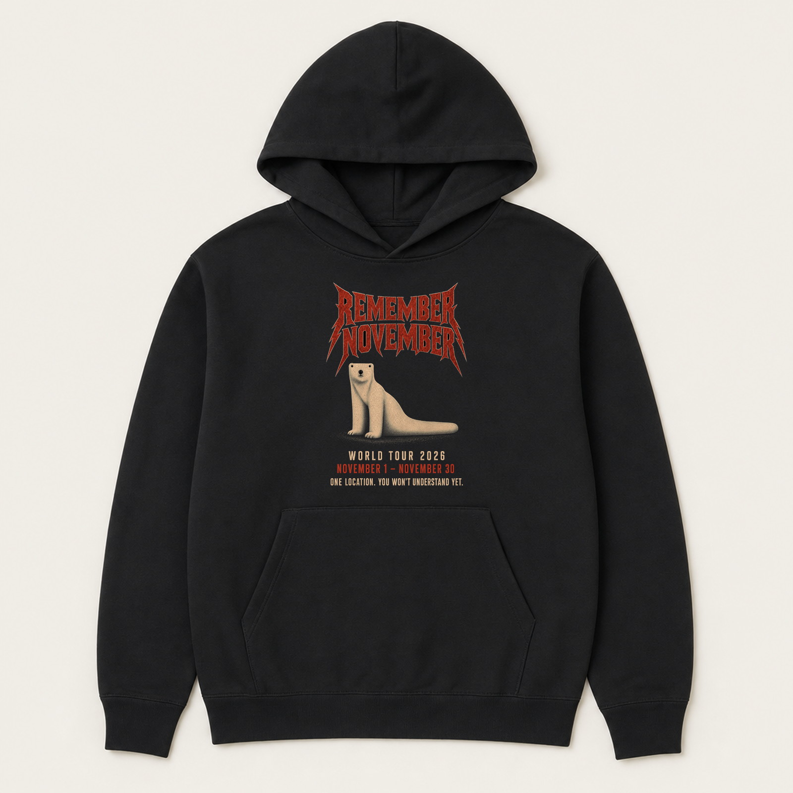 Black pullover hoodie with tour-style November 2026 lettering and polar bear artwork