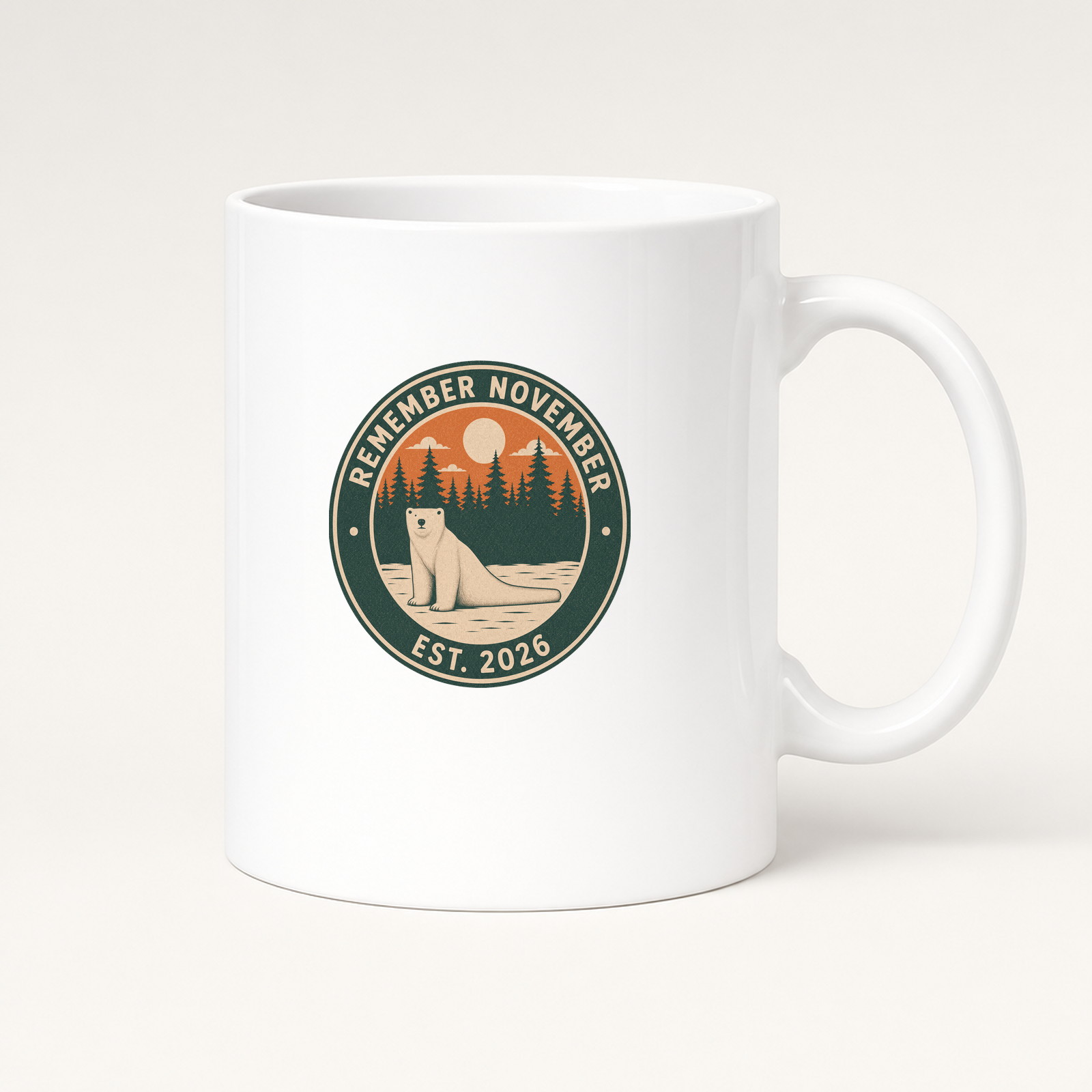 White ceramic mug with a round polar bear and November 2026 badge