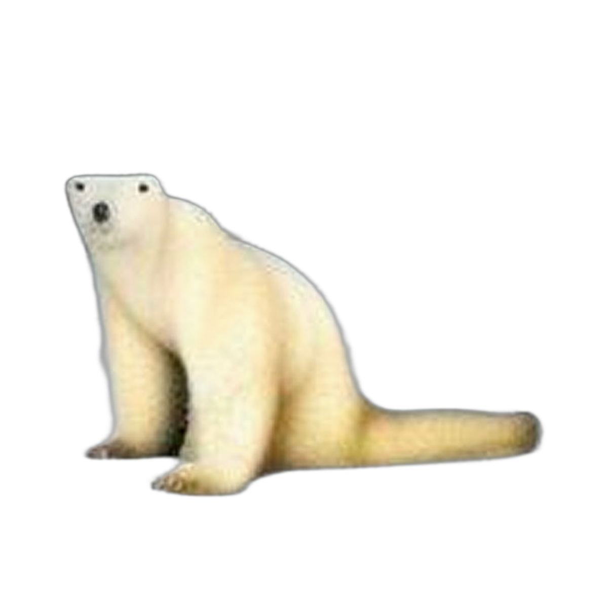 A polar bear sitting upright in the snow, propped on its front paws, looking at you