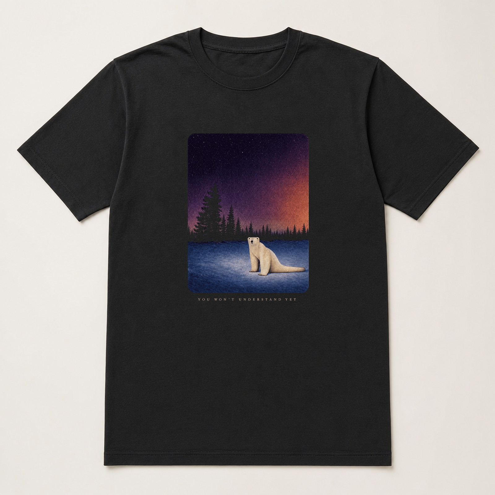 Black tee with a polar bear in a night landscape and Remember November 2026 lettering