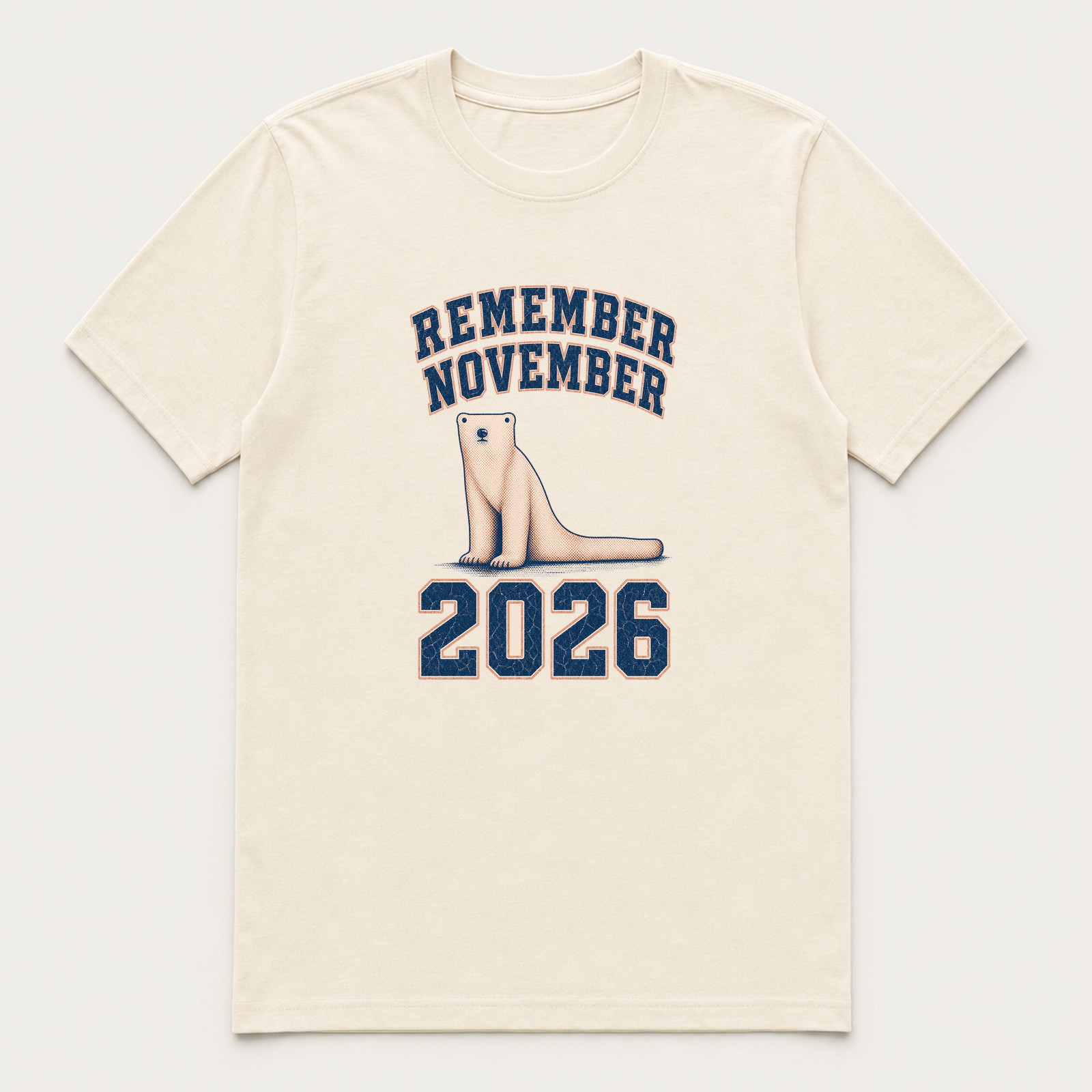 Natural-colour tee with a college-style 2026 print and polar bear motif