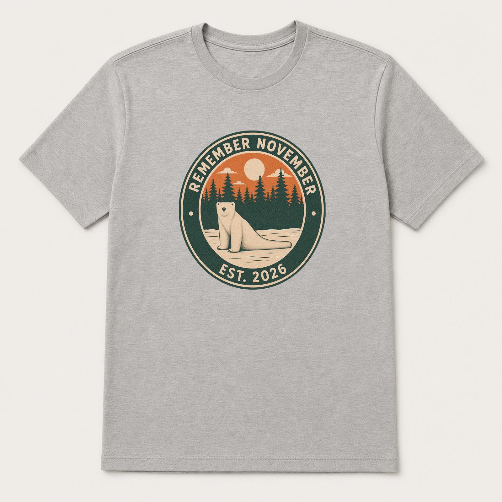 Athletic heather tee with a round polar bear and November 2026 badge