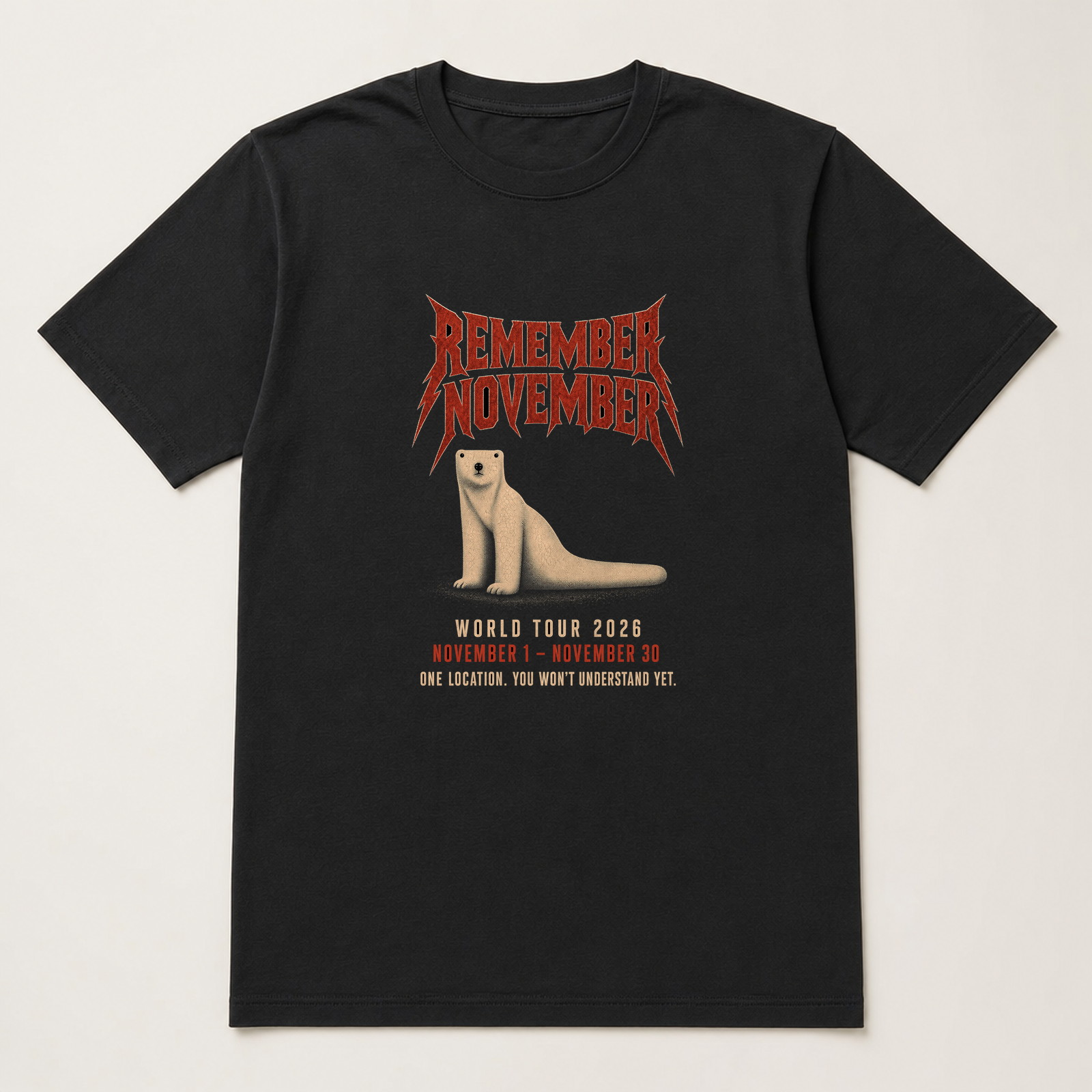 Black tee with tour-style November 2026 lettering and polar bear artwork